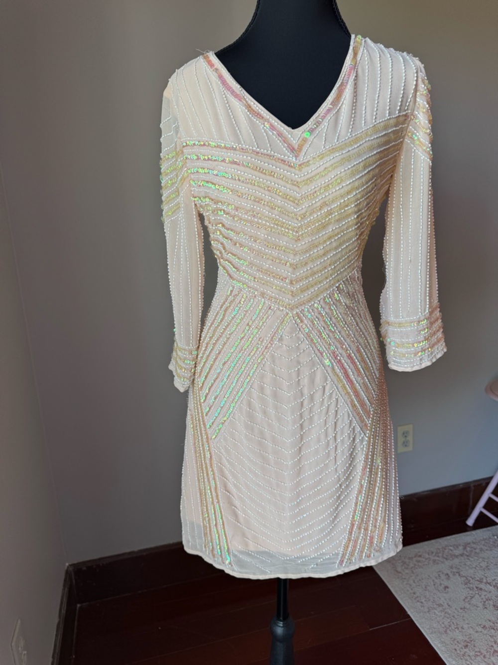 Iridescent Ivory Long Sleeve Beaded V-Neck Dress